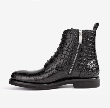 Croc pattern black leather boots right side view