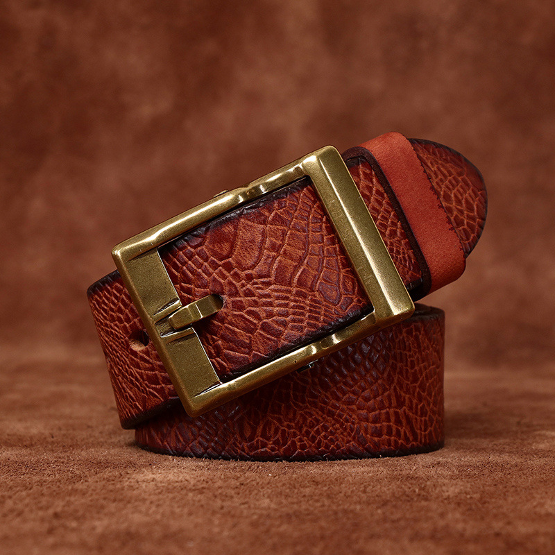 3.8cm Vintage Embossed Full-Grain Leather Belt