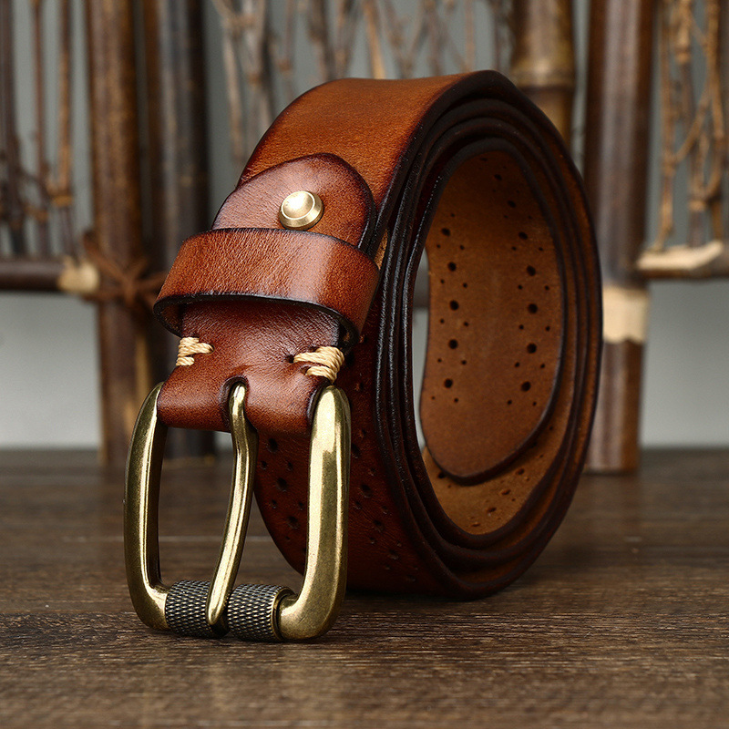 3.8cm Vintage Hollow Leather Belt for Men