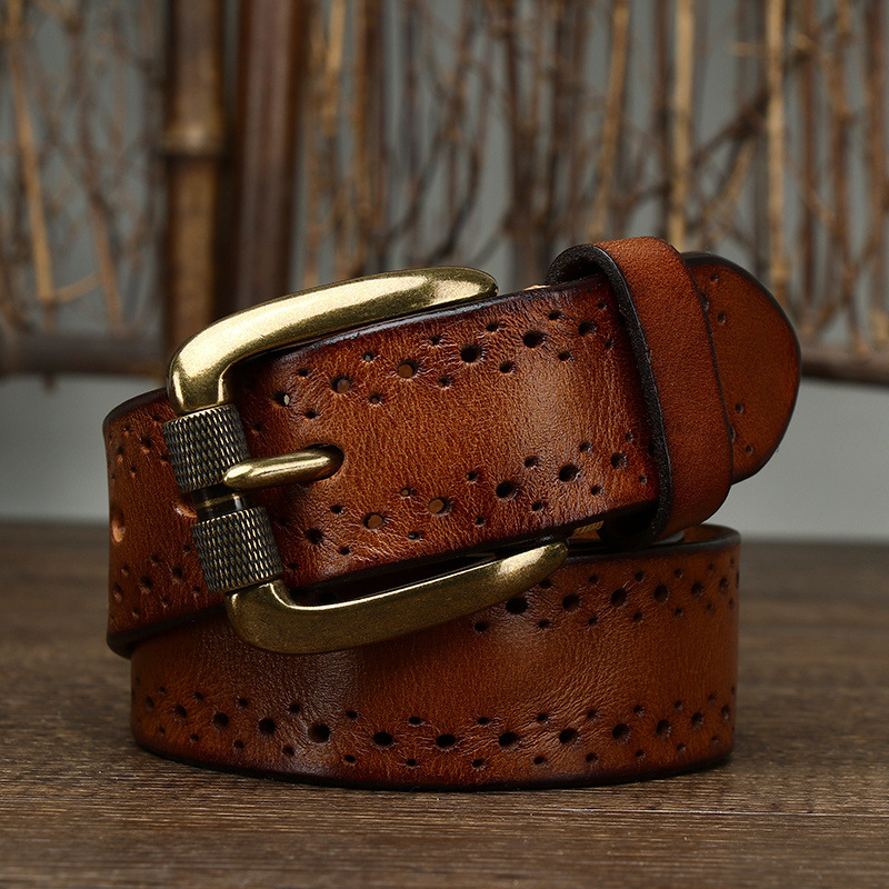 3.8cm Vintage Hollow Leather Belt for Men