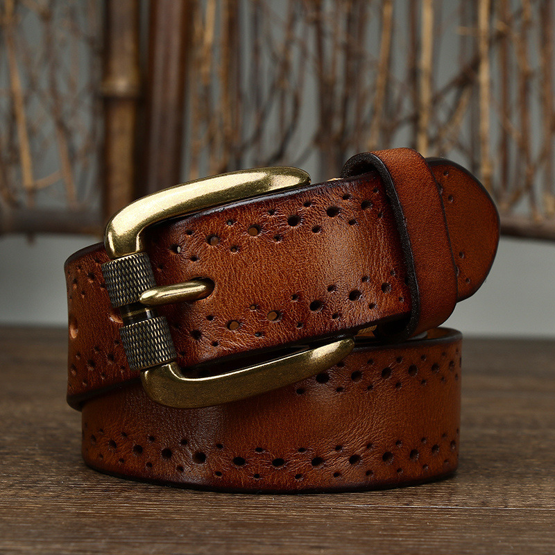 3.8cm Vintage Hollow Leather Belt for Men