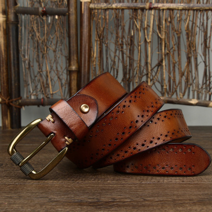 3.8cm Vintage Hollow Leather Belt for Men