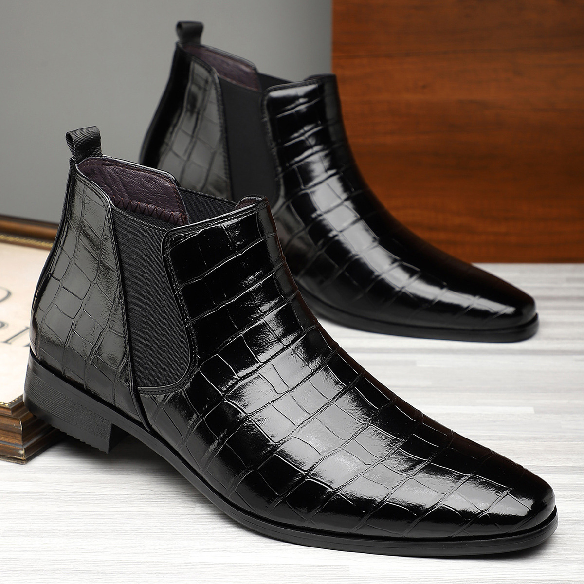 Crocodile Embossed Leather Chelsea Boots