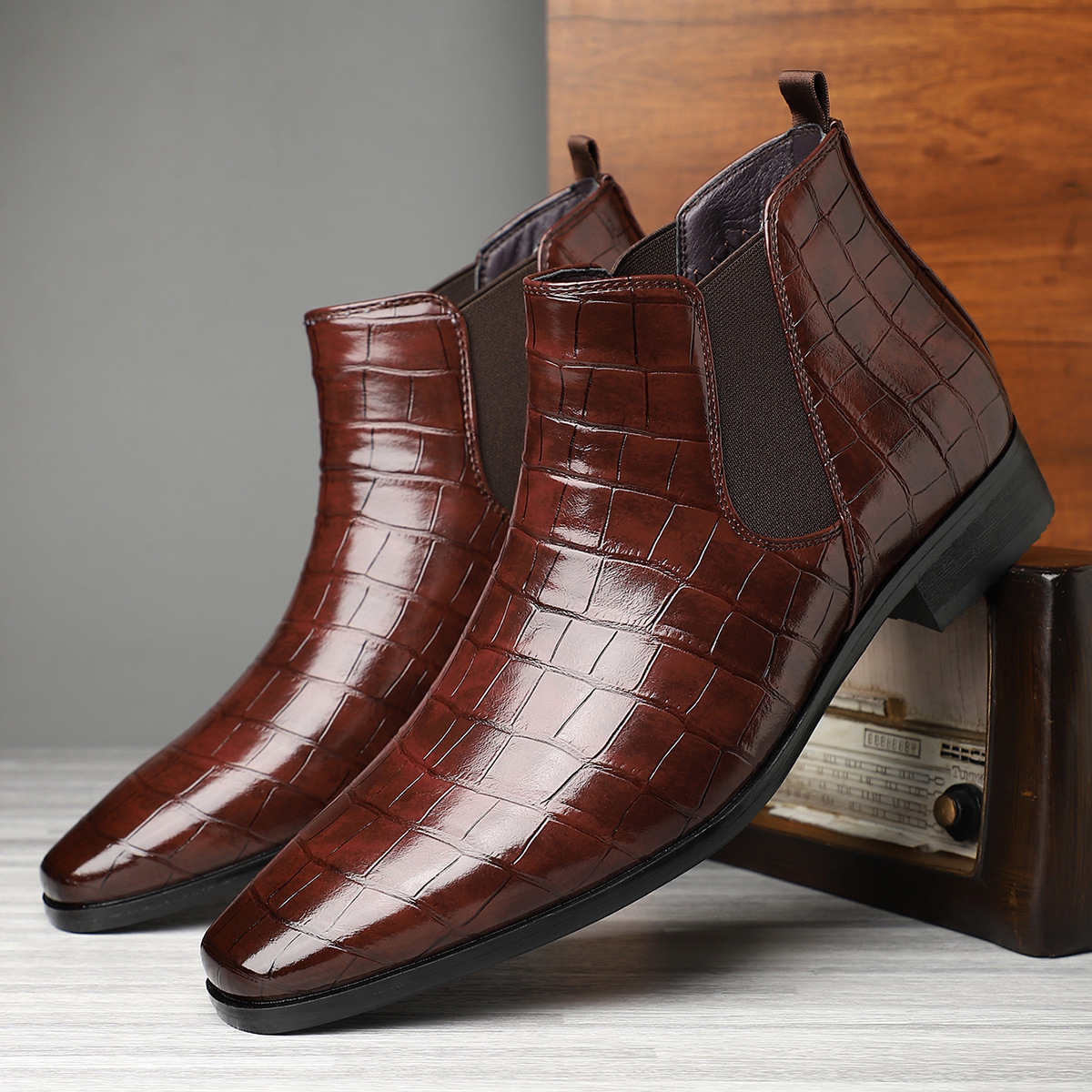 Crocodile Embossed Leather Chelsea Boots