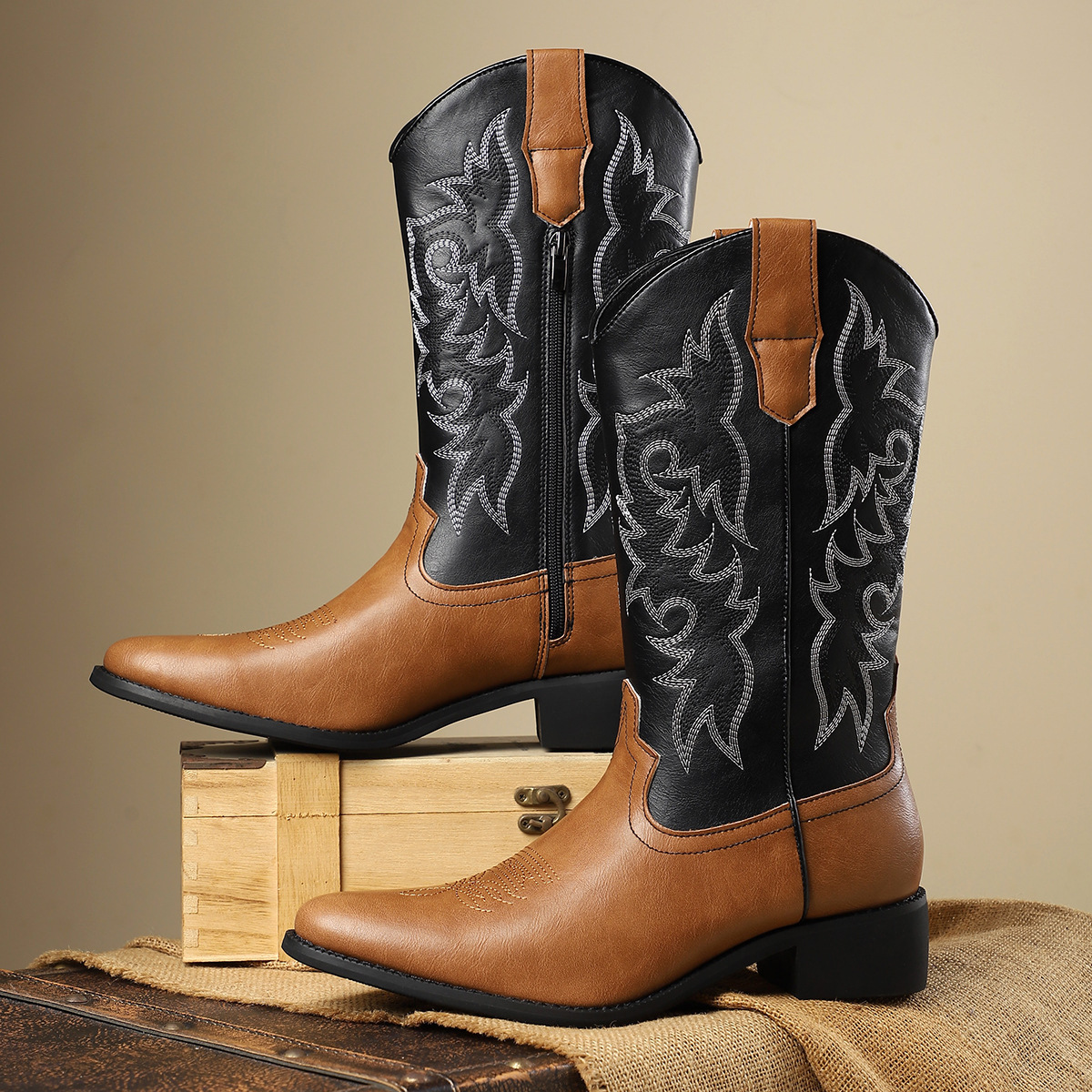 Classic Leather Western Boots with Embroidered Design