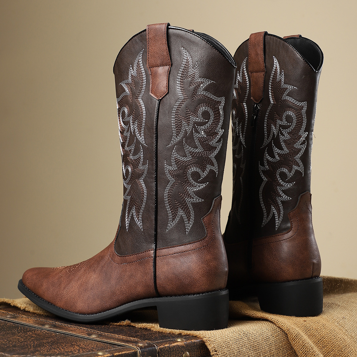 Classic Leather Western Boots with Embroidered Design