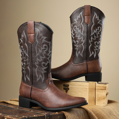 Classic Leather Western Boots with Embroidered Design