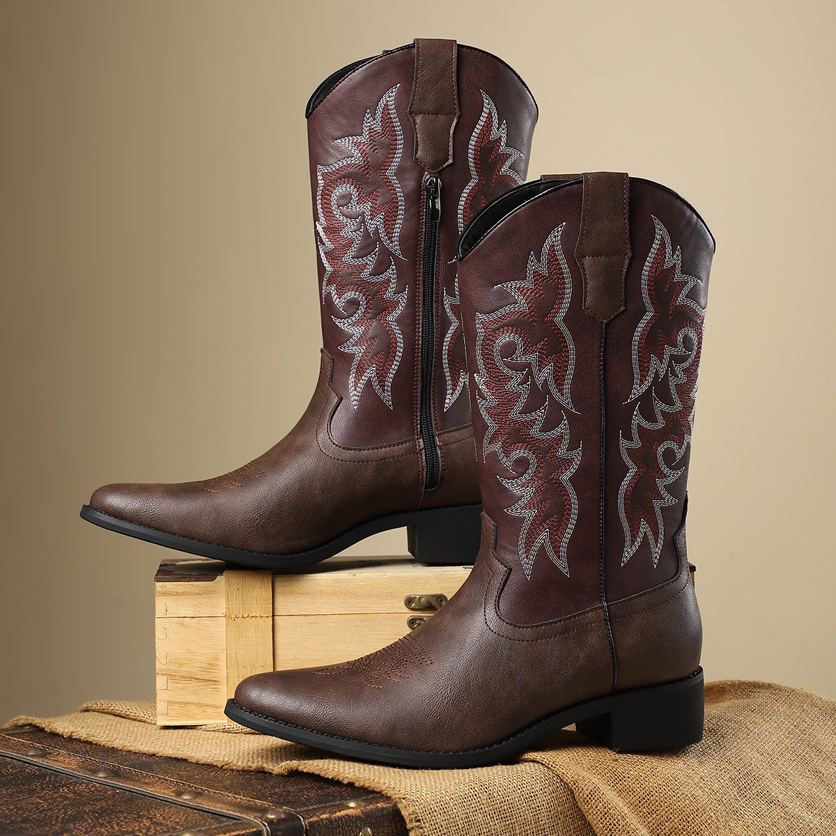 Classic Leather Western Boots with Embroidered Design