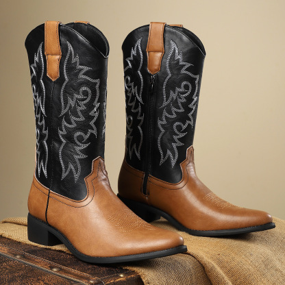 Classic Leather Western Boots with Embroidered Design