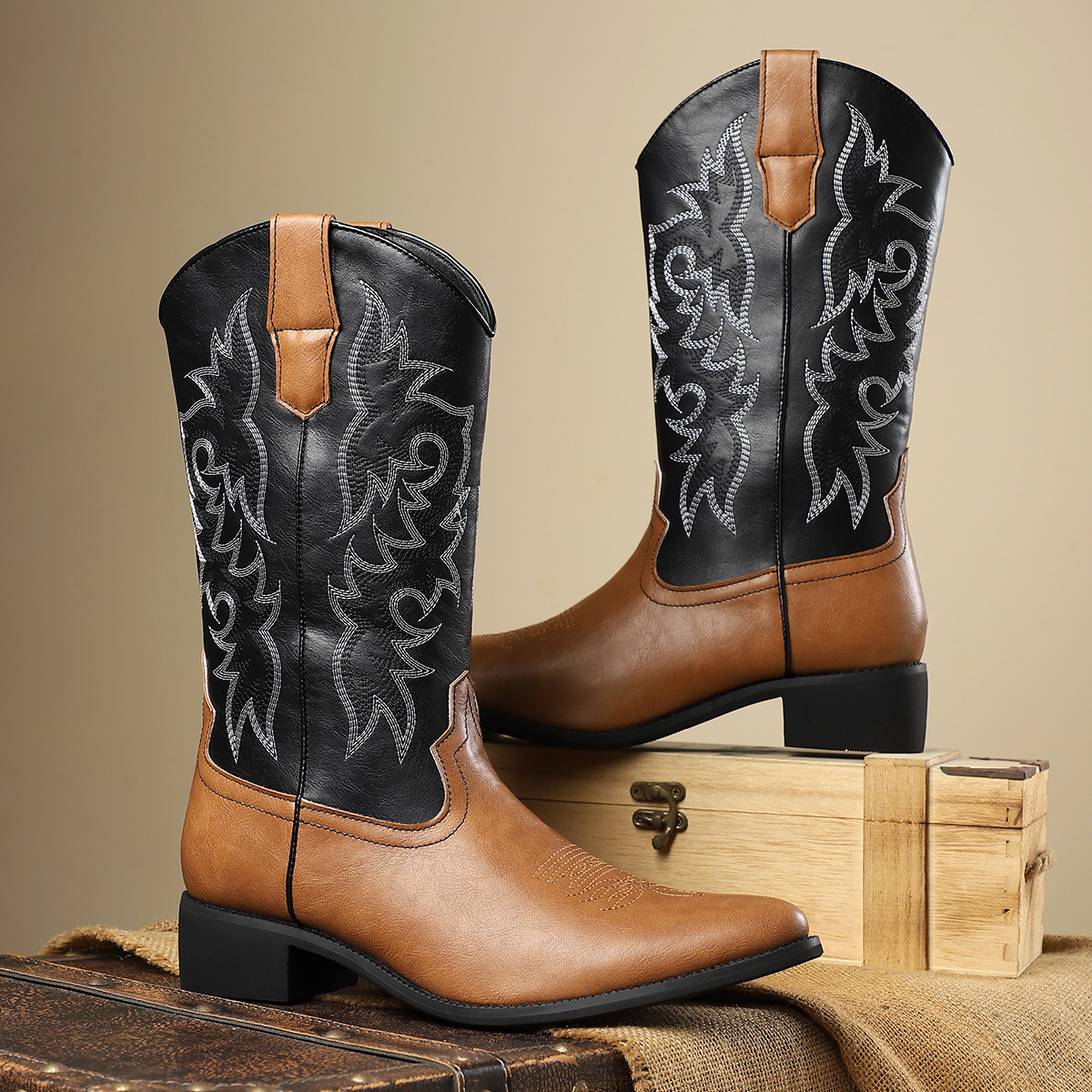 Classic Leather Western Boots with Embroidered Design