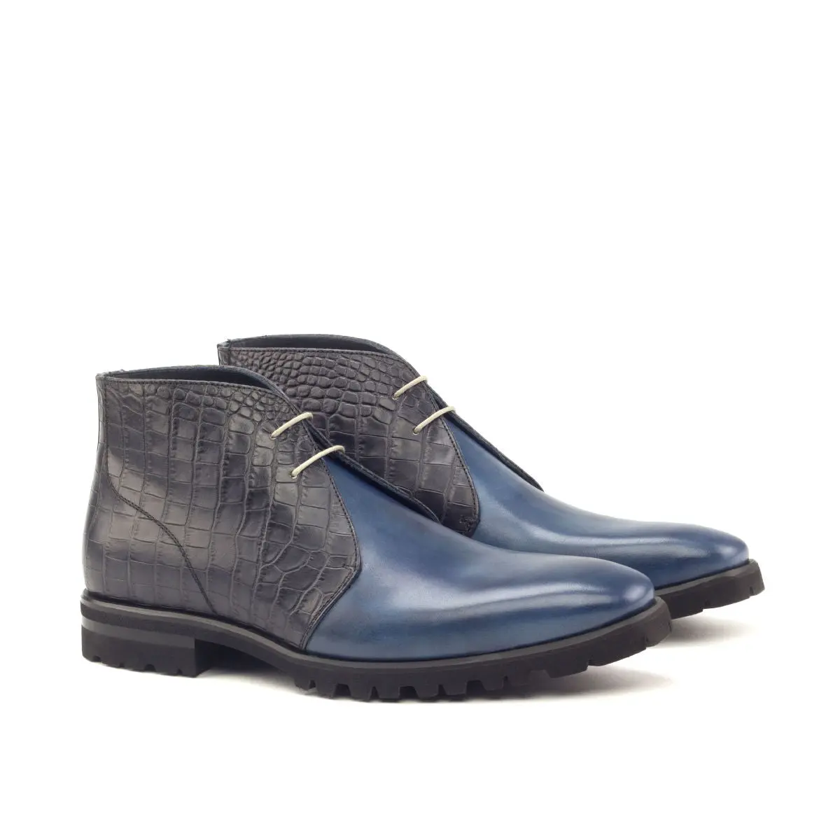 Navy & Black Croc-Embossed Leather Chukka Boots