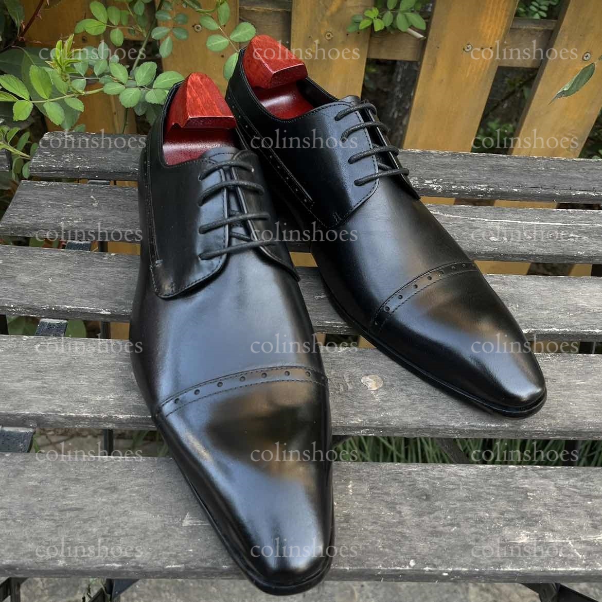 Main view of black leather cap toe derby shoes with engraved floral sole design-Colinshoes
