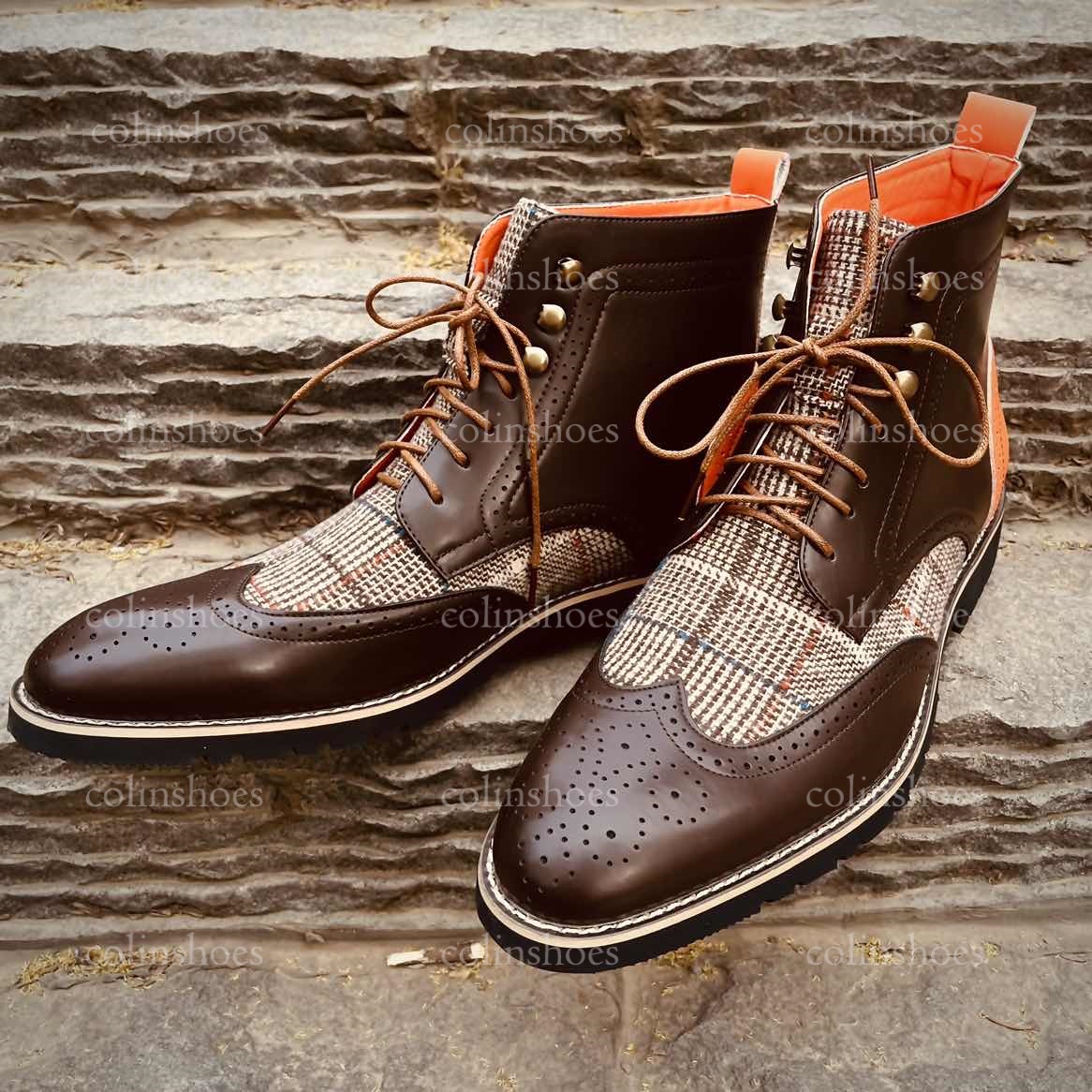 Leather & Plaid Combo Lace-Up Orange Surprise Boots-Colinshoes