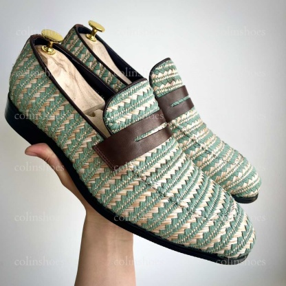Breathable Green and Beige Woven Loafers-Colinshoes