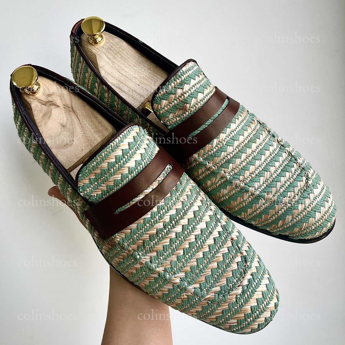 Front view of handwoven green and beige loafers with leather strap-Colinshoes