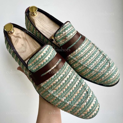 Front view of handwoven green and beige loafers with leather strap-Colinshoes