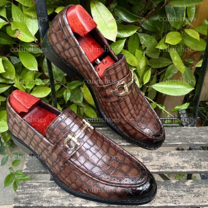 Pebbled Leather Brogue-Toe Bit Loafers-Colinshoes