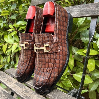 Pebbled Leather Brogue-Toe Bit Loafers-Colinshoes