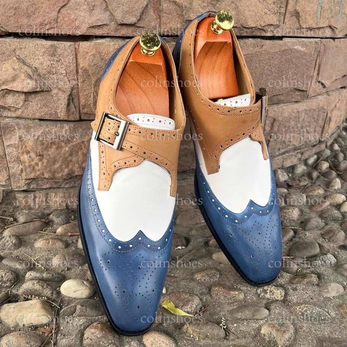 Front view of men’s colorblock monk strap dress shoes in blue and tan-Colinshoes