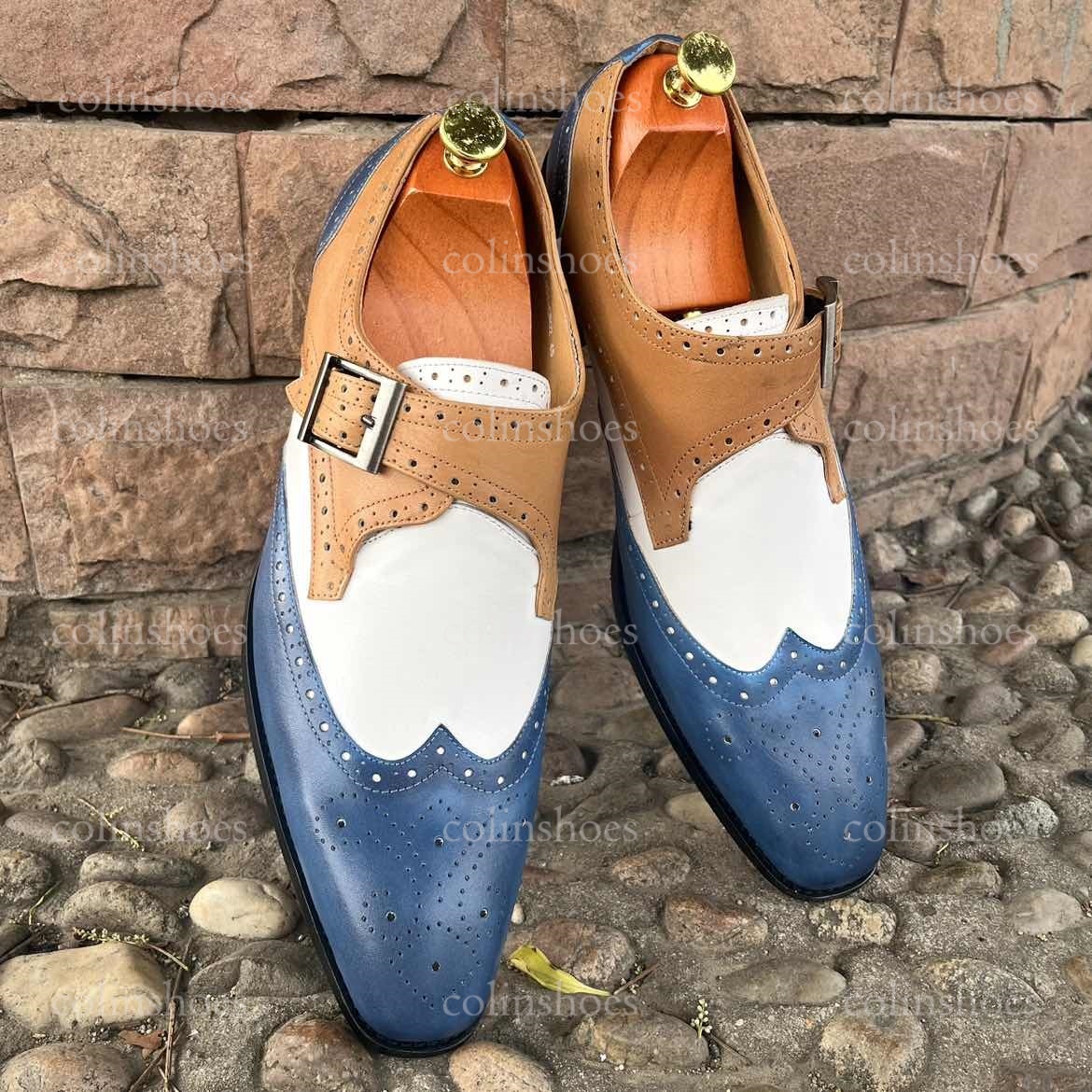 Front view of men’s colorblock monk strap dress shoes in blue and tan-Colinshoes
