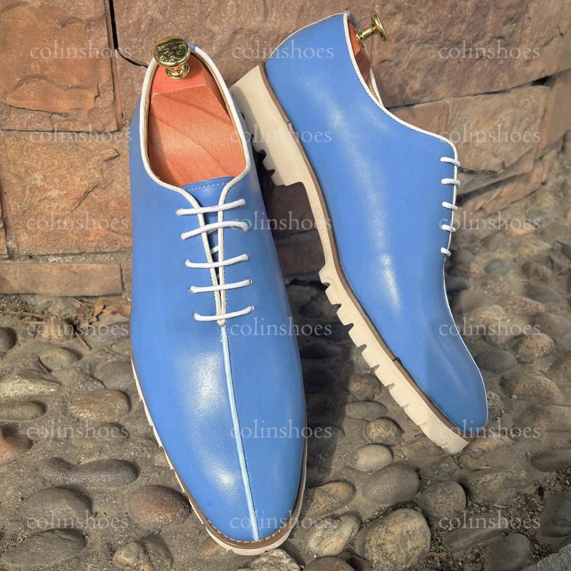 Main view of blue leather oxford shoes with white piping and contrast sole-Colinshoes