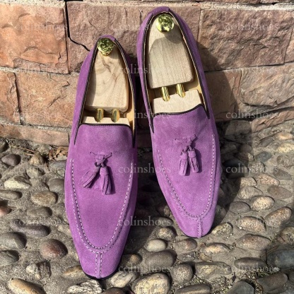 Main view of purple suede tassel loafers for men-Colinshoes
