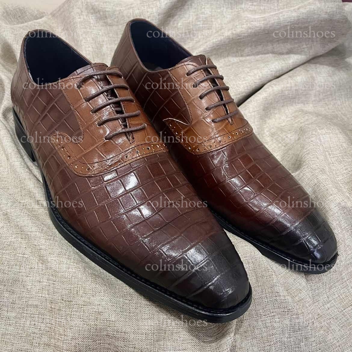 Crocodile-Embossed Patchwork Wingtip Oxfords -Colinshoes