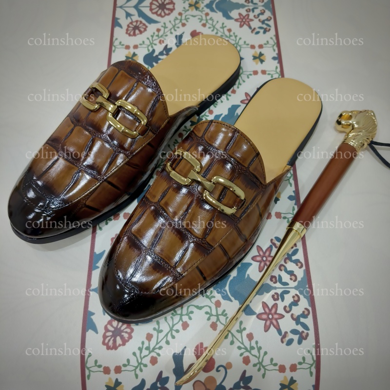 Crocodile Print Horsebit Accent Non-Slip Slides-Colinshoes
