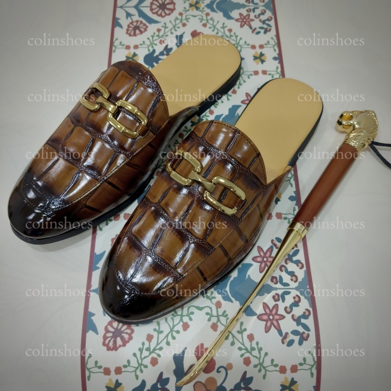 Crocodile Print Horsebit Accent Non-Slip Slides-Colinshoes