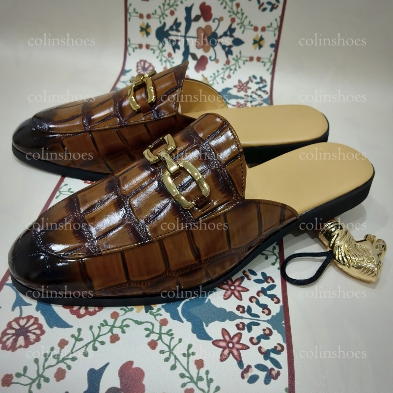 Men’s Croc-Embossed Slip-On Mule Sandals with Bit Design – Colinshoes