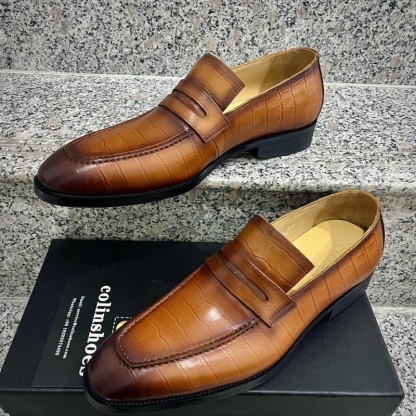 Italian Leather Goodyear Croc-Embossed Loafers-Colinshoes