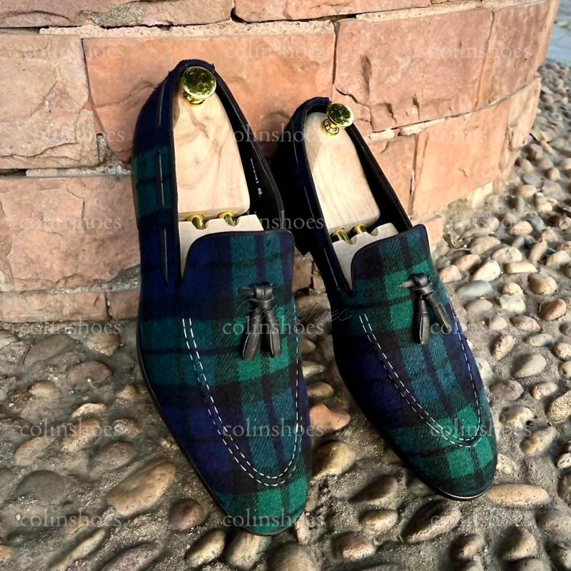 Men’s green plaid loafers with leather tassels front view-Colinshoes