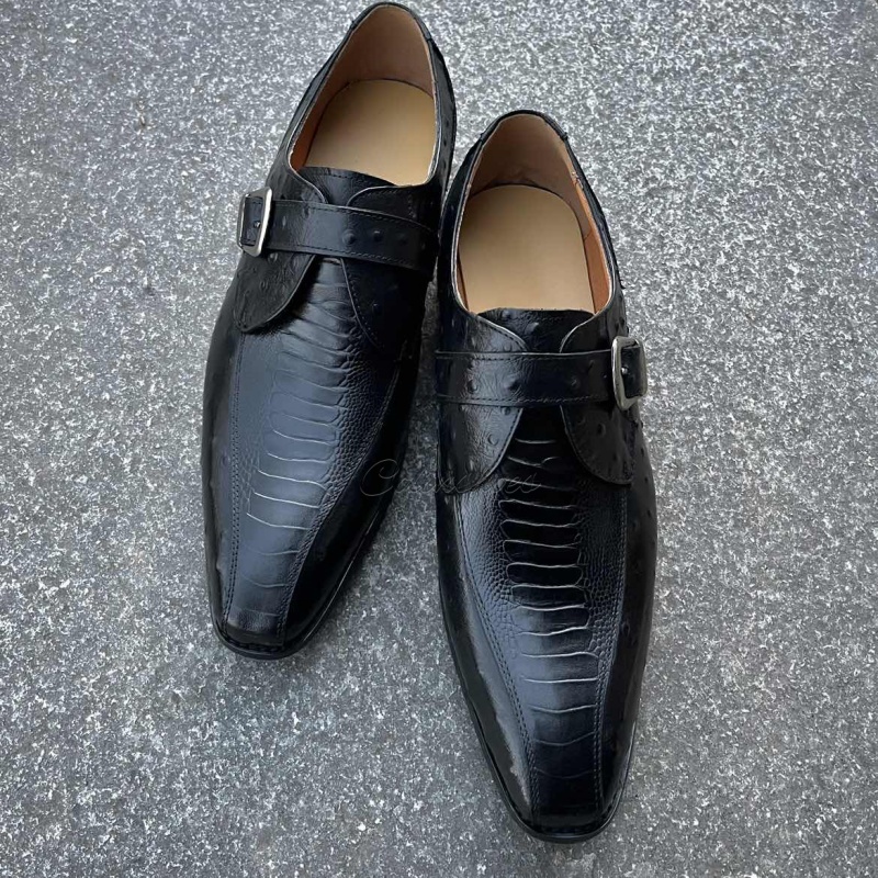 Ostrich and crocodile leather monk strap dress shoes for men-Colinshoes