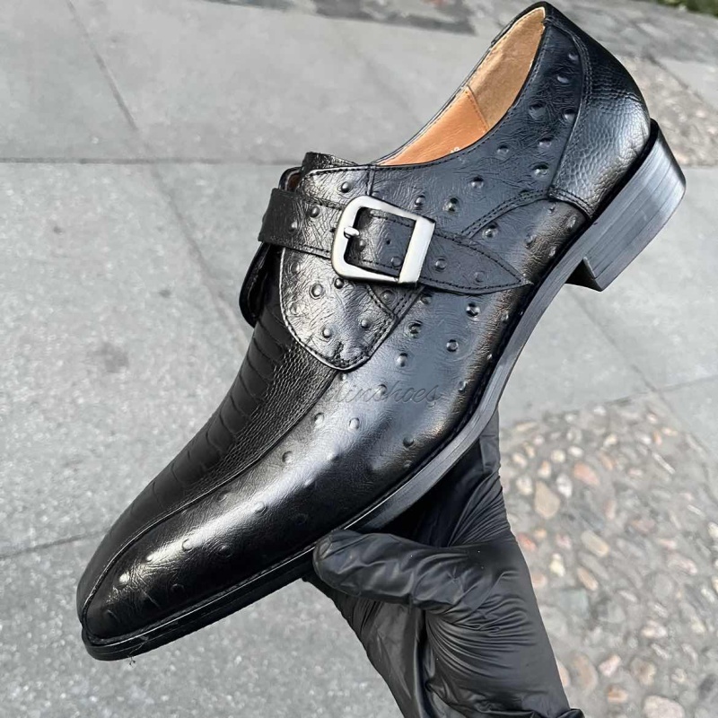 Elegant dual-texture formal shoes with silver buckle, side view-Colinshoes