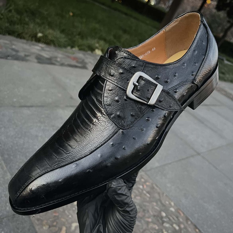 Black ostrich and croc embossed leather shoes from right angle-Colinshoes