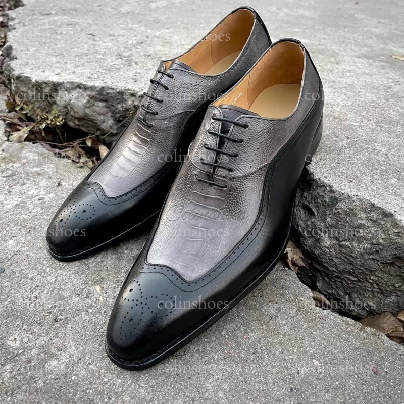men’s exotic leather patchwork brogue oxford dress shoes-Colinshoes