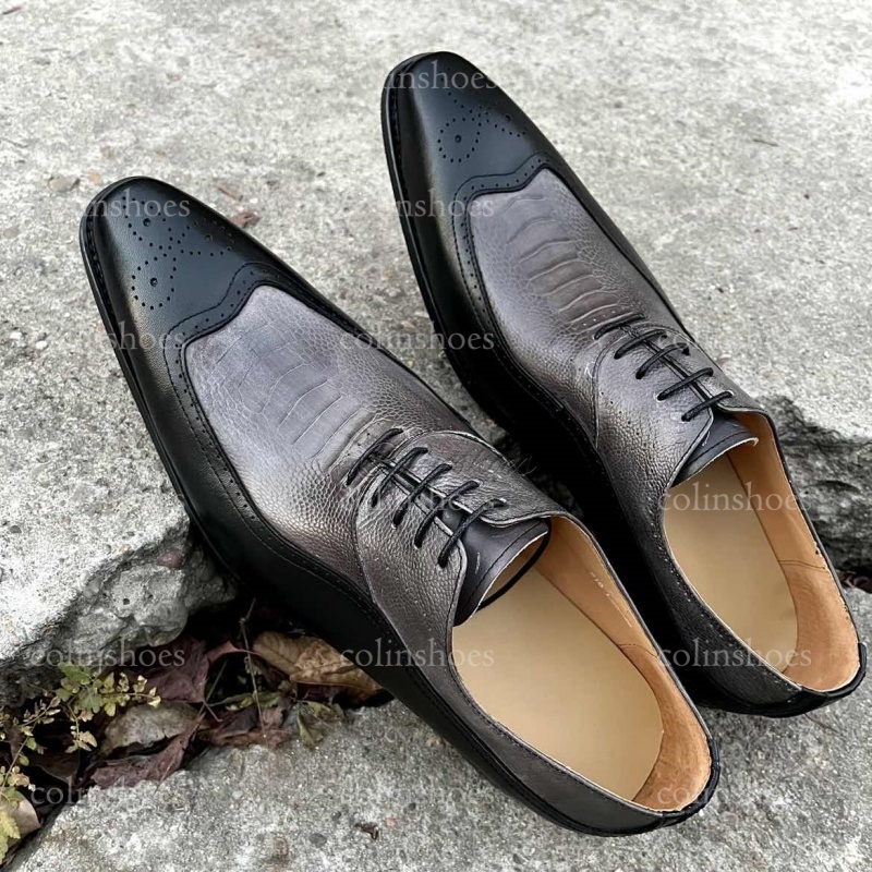 genuine patchwork oxford shoes with lace-up closure-Colinshoes