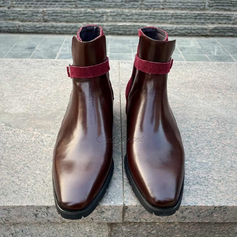 Front view of burgundy leather and suede boots with side strap-Colinshoes