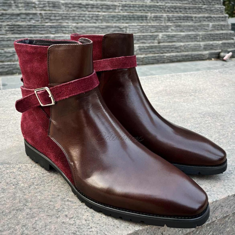 Left angled shot of dual-tone men’s ankle boots on stone surface-Colinshoes