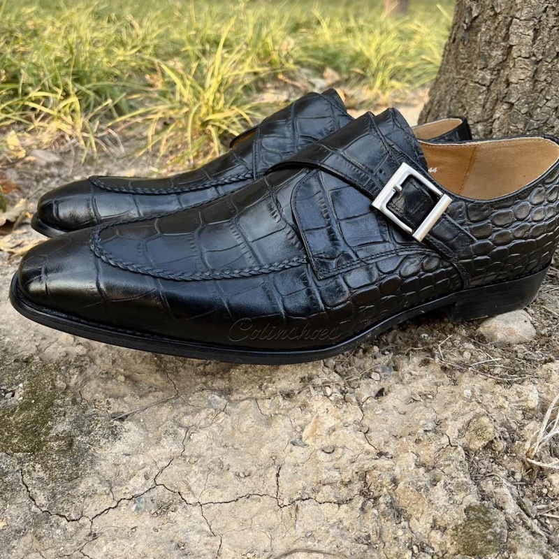 Right side angled view highlighting the bold silver buckle and sleek silhouette.-Colinshoes