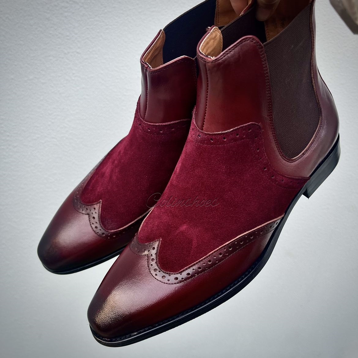 Gentleman’s Burgundy Two-Tone Wingtip Chelsea Boots-Colinshoes
