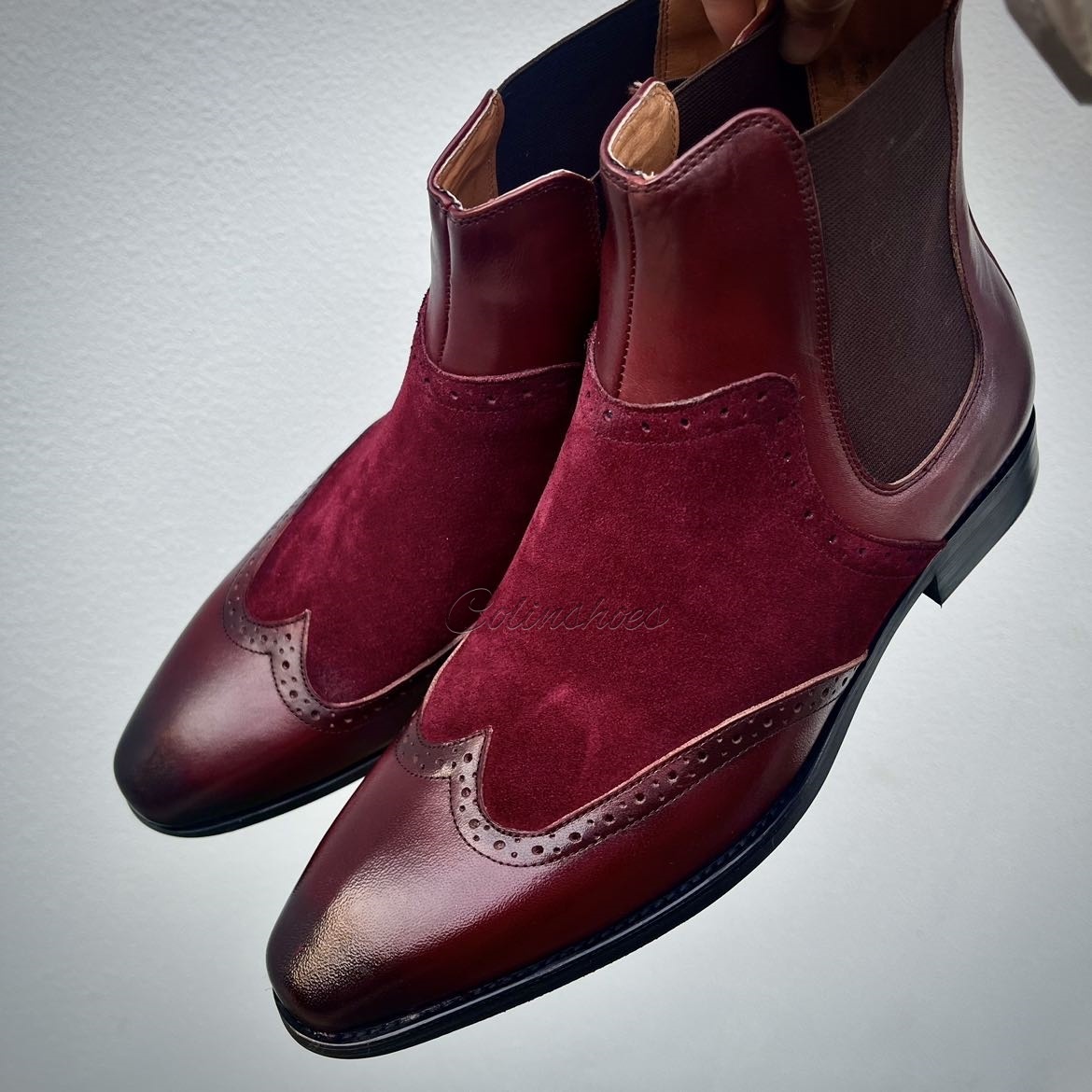 Gentleman’s Burgundy Two-Tone Wingtip Chelsea Boots-Colinshoes