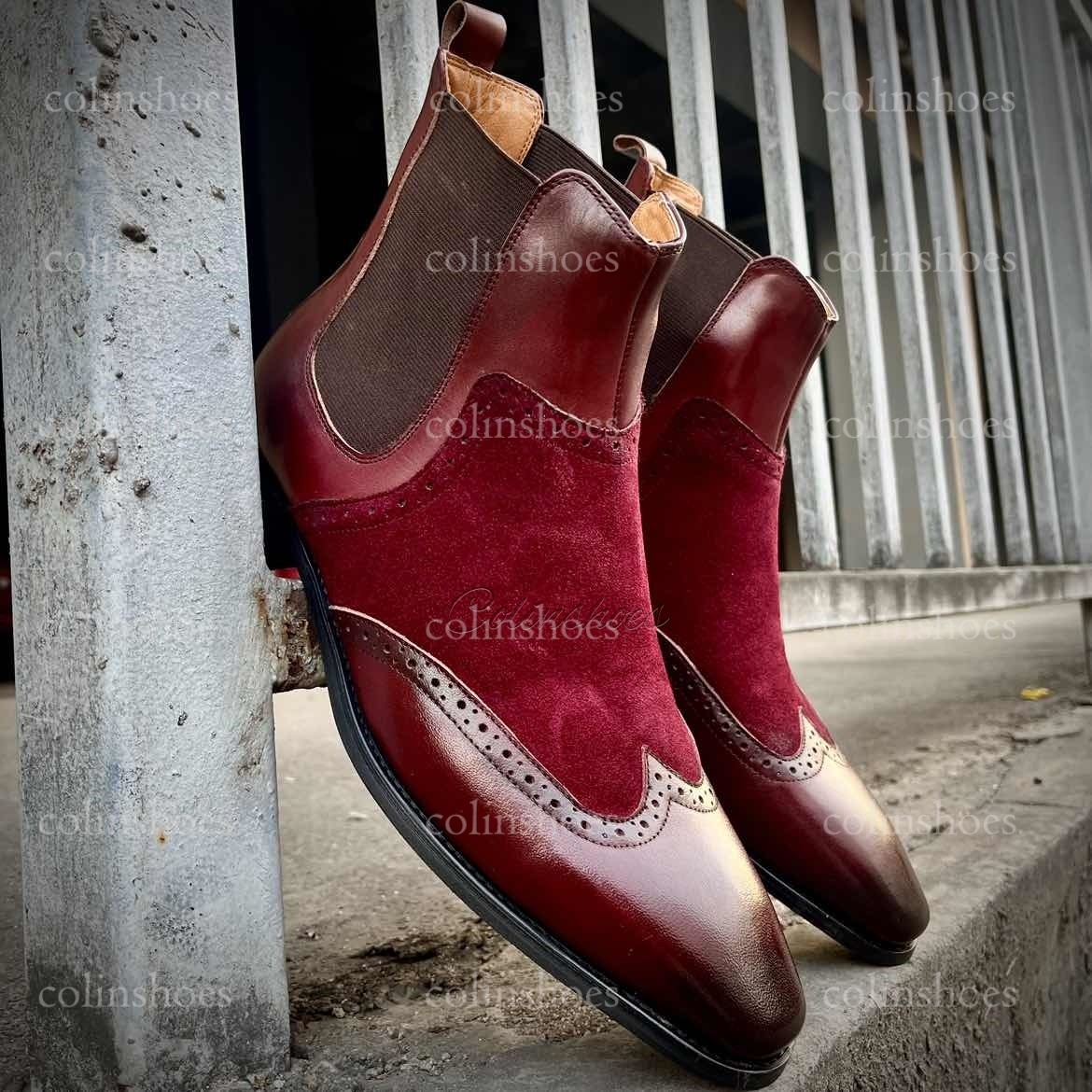 Gentleman’s Burgundy Two-Tone Wingtip Chelsea Boots-Colinshoes