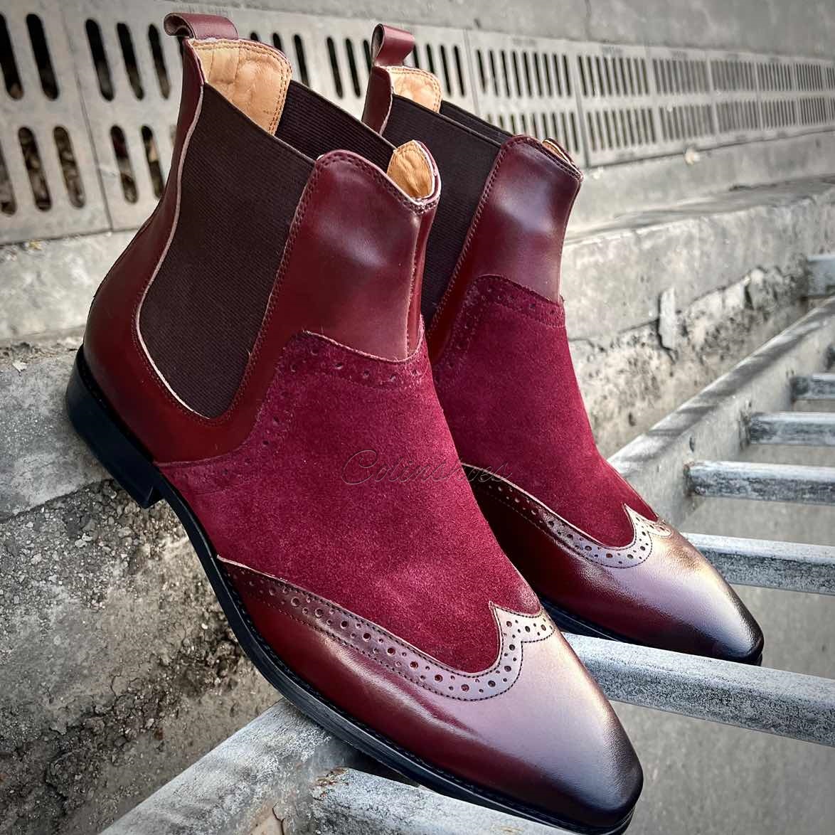 Gentleman’s Burgundy Two-Tone Wingtip Chelsea Boots-Colinshoes