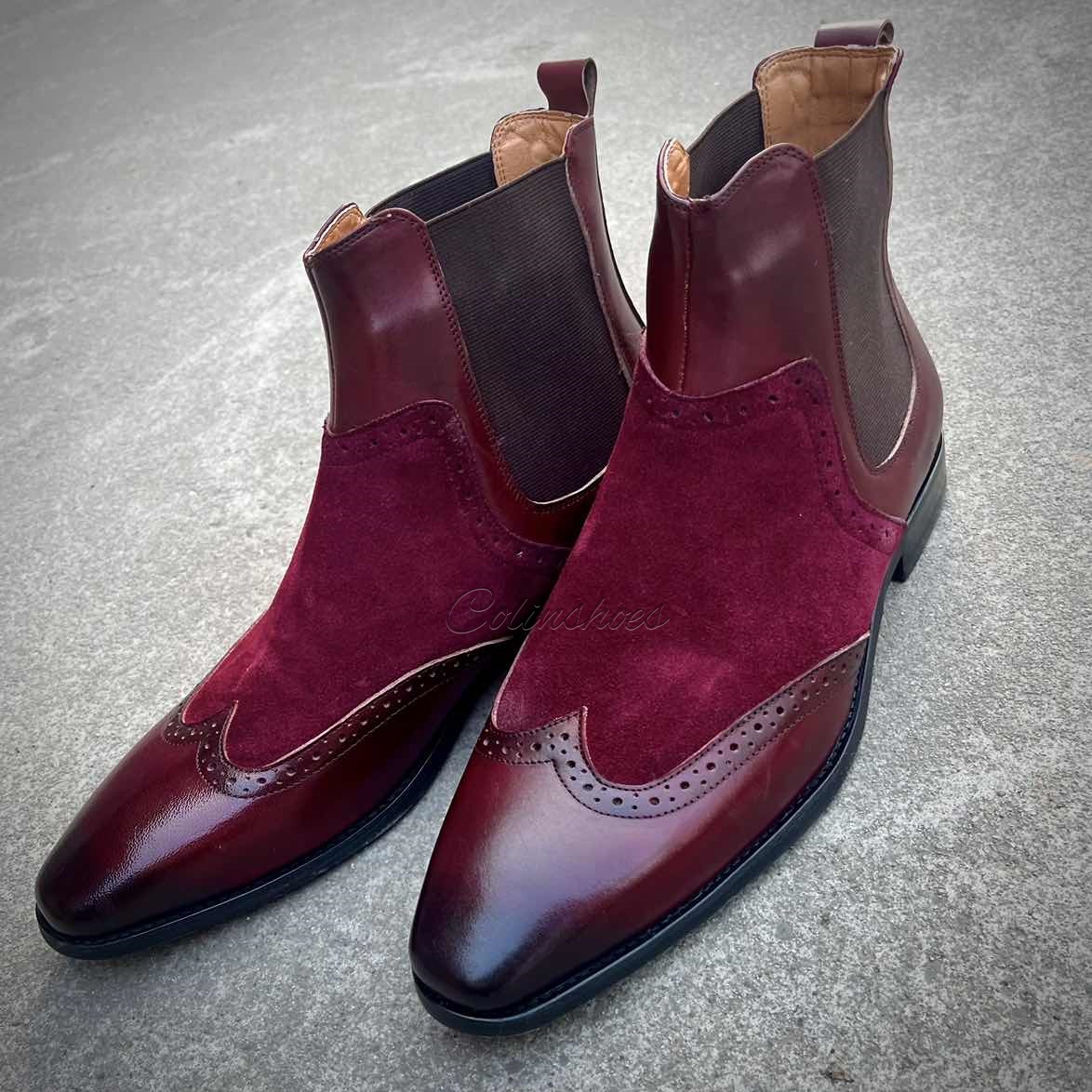 Gentleman’s Burgundy Two-Tone Wingtip Chelsea Boots-Colinshoes