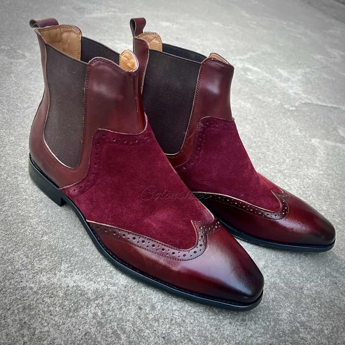 Gentleman’s Burgundy Two-Tone Wingtip Chelsea Boots-Colinshoes