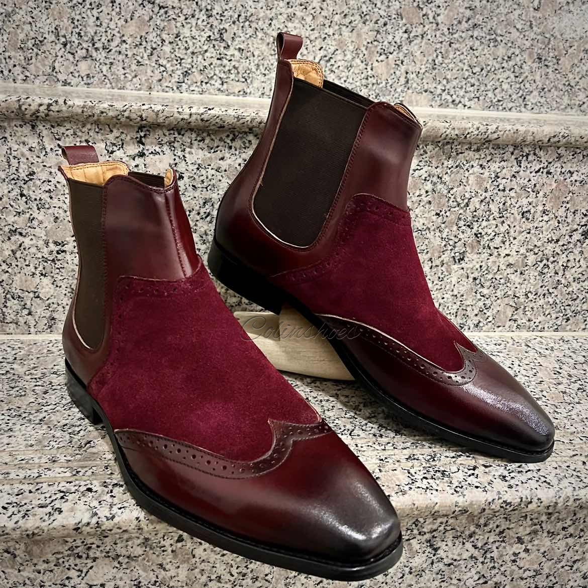 Gentleman’s Burgundy Two-Tone Wingtip Chelsea Boots-Colinshoes