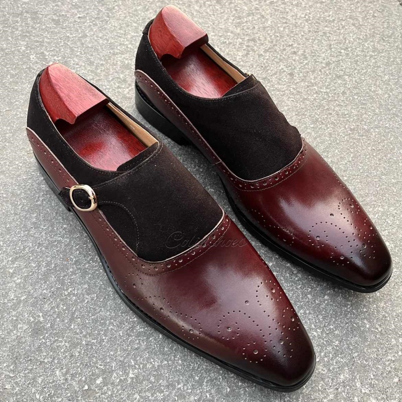 Leather/Suede Monk Strap with Brogue Toe-Colinshoes