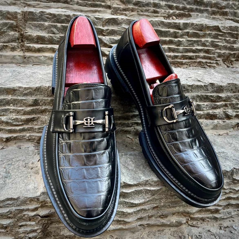 Chunky Croc-Embossed Leather Horsebit Loafers-Colinshoes