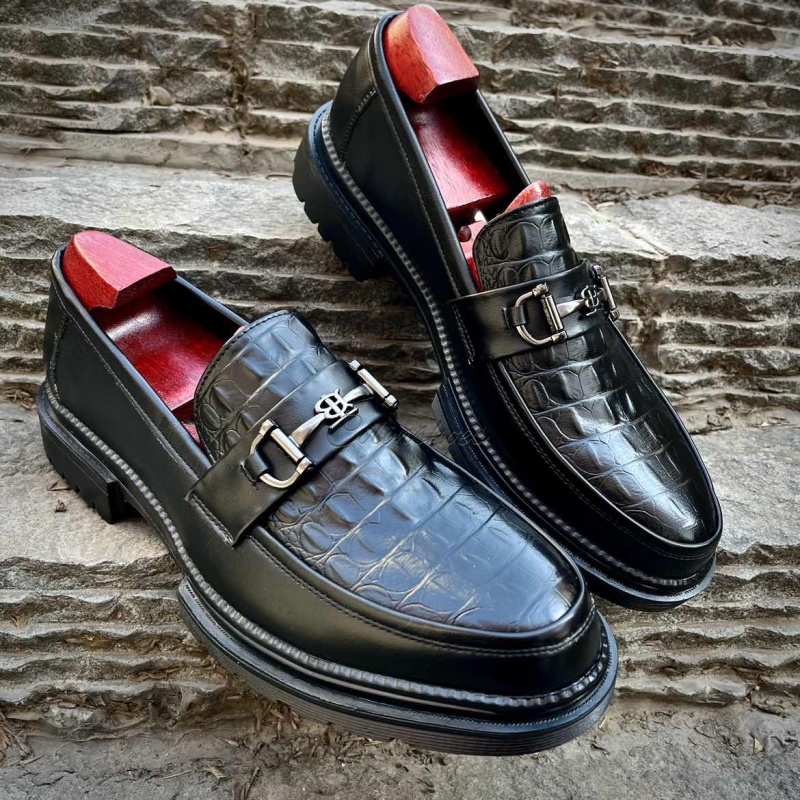 Chunky Croc-Embossed Leather Horsebit Loafers-Colinshoes